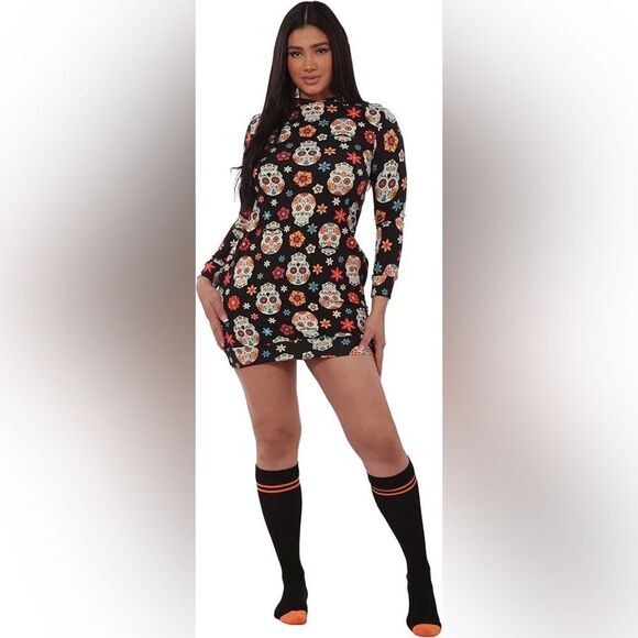 shosho sugar skull multicolored hooded  dress with long sleeves. - Picture 1 of 7